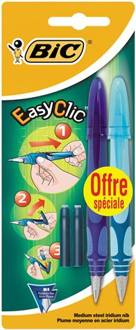 BIC EasyClic Standard Stylos-Plume - Corps Couleurs Assorties, Blister de 2 + 2 cartouches d'encre