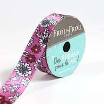 Bobinette Frou-Frou - 5 m x 16 mm - Satin fleuri - Rose des indes