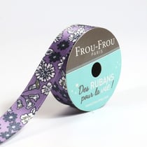 Bobinette Frou-Frou - 5 m x 16 mm - Satin fleuri - Violet sage