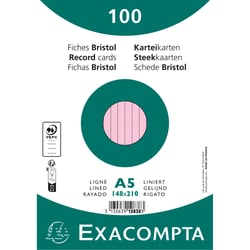 Paquet 100 fiches sous film - bristol ligné non perforé 148x210mm - Rose - x 10 - Exacompta