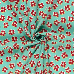 Tissu Coton extensible Fleuréa rouge sur fond Vert menthe