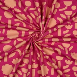Tissu Jersey Coton Bio Jennifer Bouron fleurs Orange sur fond Rose fuchsia