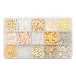 Boite de perles en verre de rocaille assorties 15 modèles différents  2 / 3 / 4 mm Tons BLANC BEIGE