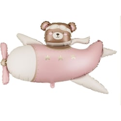 Ballon Aluminium Hélium Géant Avion Rose avec Ourson   94 cm