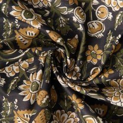 Tissu Voile de Coton indien Block print Fleuris ocre sur fond Noir