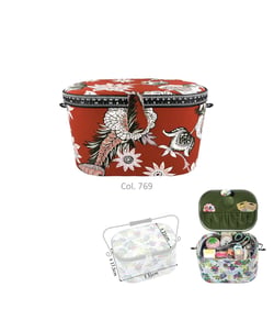 Boîte à couture 21x31x17,5cm fleurs noires et blancs sur fonds rouge