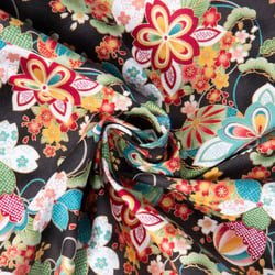 Tissu Coton imprimé Foil Arty fleurs du Japon sur fond Noir