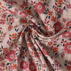 Tissu Double gaze de Coton Sylvaine fleurs Rouges sur fond Beige sable - Au mètre