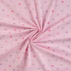 Tissu Jersey Coton Coeurs roses, lilas et argent pailleté sur fond Rose pâle