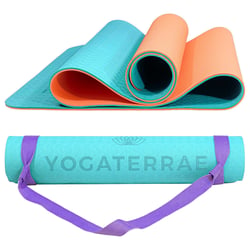 Tapis de Yoga TURQUOISE CORAIL TPE dim. 183x61x0,6 cm + Sangle de transport et d’étirements en Coton