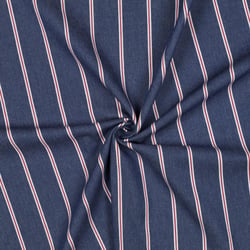 Tissu Chambray Coton James rayures fines Blanc et Rouge sur fond Bleu denim