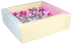 Piscine à balles carrée avec 300 balles - bords 3 couleurs/transparent rose gris, argent rose (pastel) - Velinda