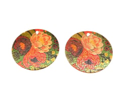 2 Breloques rondes pailletées 20mm imprimé fleur pivoine doré - vert - bordeaux