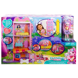 Coffret appartement des enchantimals - maison 3 etages - poupee 15 cm, chiot, accessoires - mattel - hhc18