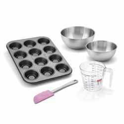 Set pâtisserie avec moule à 12 babas au rhum 38,5 x 26,5 cm en acier, 2 bols à mixer, verre mesureur et spatule Zenker