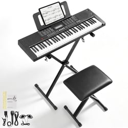 Clavier piano numérique 61 touches standard, kit complet avec support X + tabouret, MIDI USB, piano électronique pour débutant ，noir