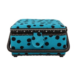 Boîte à couture 20x20x11cm pois noirs fonds turquoise