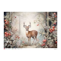 1 feuille de papier de riz 22.5 x 32 cm découpage collage Paper Designs CERF DANS LA FORET 0214