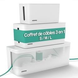 3 Boites cache cable- 3 Boite rangement cable 3 en 1- 3 tailles (S, M, L)- cache multiprise- ABS- Blanc- ACROPAQ