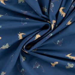 Tissu Jersey Coton imprimé Noé gentils dinosaures sur fond Bleu marine