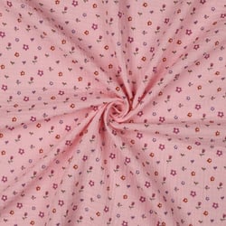 Tissu Double gaze de Coton digital petites fleurs Rouges sur fond Rose clair