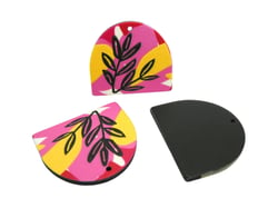 2 Pendentifs en acrylique forme arrondie 25*23mm - rose motif fleurs