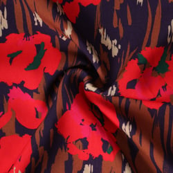 Tissu Viscose  Eulalia fleurs Rouges sur fond Bleu marine - Au mètre