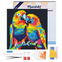 Mini Diamond Painting Broderie Diamant Figured’Art 25x25cm toile tendue sur châssis en bois - diamants ronds - Perroquets Abstraits Pop Art