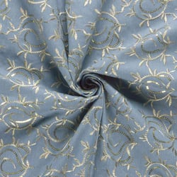 Tissu Chambray Polycoton Agnès broderie végétal Or sur fond Bleu clair