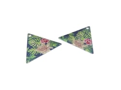 2 Breloques triangle 22*19mm pailletés imprimé fleurs argent - vert -bleu - rose