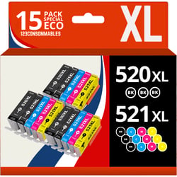 123CONSOMMABLES - PGI-520 CLI-521 - Cartouches d'encre compatibles pour Canon Pixma IP3600 IP4600 IP4600X IP4700 MP540 MP550 MP560 MP620 MP630 MP640 MP640R MP980 MP990 MX860 MX870 (Lot de 15) - 123CONSOMMABLES