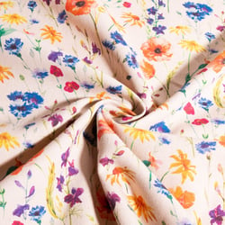 Tissu Toile de Coton aspect lin Fleuris sur fond Naturel