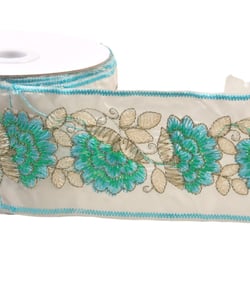 Bobine 10m galon brodé fleurs et feuilles 60mm bleu acier