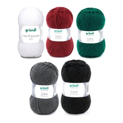 5 pelotes de laine - Blanc, bordeaux, vert sapin, anthracite et noir - 100% acrylique - Gründl - Lisa Premium