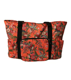 Sac pour pelote 40x28x17cm fleurs rouges fond corail