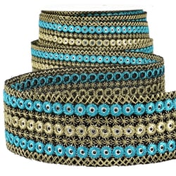 Bobine 10m Galon ronds brodés  Turquoise/or 38mm