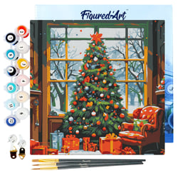 Mini Peinture par Numéro Figured'Art 20x20cm avec cadre Sapin de Noël dans le Salon - Petit Format