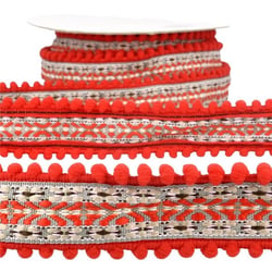 Bobine 10m Galon jacquard pompons Rouge 37mm