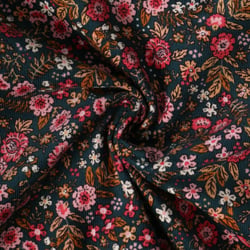 Tissu Velours Côtelé  Iselda fleurs Roses sur fond Vert épicéa - Au mètre