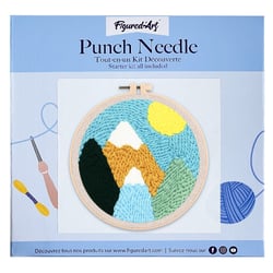 Figured'Art Punch Needle Kit Complet pour Adultes et Enfants - Montagnes enneigées et Soleil - Parfait pour Débutant. Set prêt à broder taille 20x20cm avec cadre circulaire