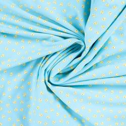 Tissus Jersey Coton imprimé Poussins jaunes sur fond Bleu turquoise
