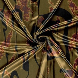 Tissu Satin imprimé Zeyna camouflage artistique Noir sur fond Vert kaki clair
