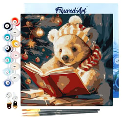 Mini Peinture par Numéros Figured'Art 20x20cm avec cadre Ours Mignon en train de Lire - Petit Format