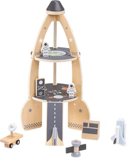 Grande Fusée Spatiale bois avec accessoires à construire Garage enfant +3, Astronautes Véhicules