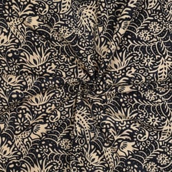 Tissu Batik de Coton fines arabesques écru sur fond Noir profond