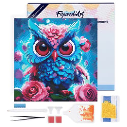 Mini Diamond Painting Broderie Diamant Figured’Art 25x25cm toile tendue sur châssis en bois - diamants ronds - Petite Chouette Bleue