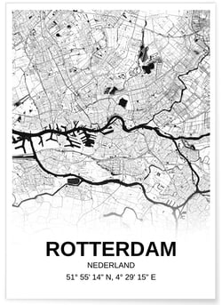Affiche carte Rotterdam - rectangle Noir et Blanc | A3 : 29,7x42cm