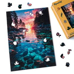 Puzzle en Bois Adulte et Enfant Figured'Art 200 pièces - Coucher de soleil et Rivière transparente - Design Original 23x32,4 cm Forme Unique avec Coffret en bois Premium, Parfait pour Offrir en Cadeau
