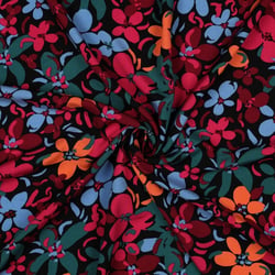 Tissu Viscose imprimé orchidées rouge et vert canard sur fond Noir