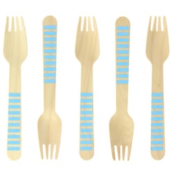10 Fourchettes en Bois Rayures Bleues - Biodégradable
